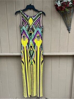 NWT Le Superbe Yellow Purple Sequin Geometric Maxi Dress Deep V Back XS/S